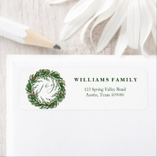 Etiqueta Watercolor Green Wreath Name & Initials Christmas 
