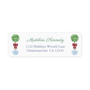 Etiqueta Watercolor Holidays Boxwood Red Bow Return Address