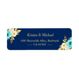 Etiqueta Watercolor Navy Blue Mint Gold Garden Floral