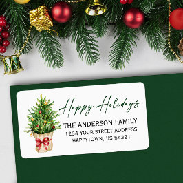 Etiqueta Watercolor Pine Red Bow Calligraphy Return Address