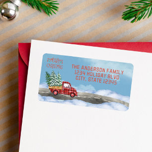 Etiqueta Watercolor Plaid Red Truck Nieve Feliz Navidad