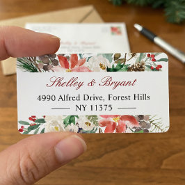 Etiqueta Watercolor Poinsettia Holly Berry Ivory Floral