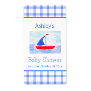 Etiqueta Watercolor Sailboat Blue Check Baby Shower