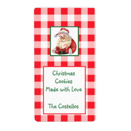 Etiqueta Watercolor Santa Red Check Christmas COOKIES