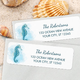 Etiqueta Watercolor Seahorse Aqua Blue Beach Return Address