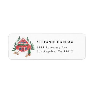 Etiqueta Watercolor Snowy Forest Red Cottage Navidades