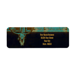 Etiqueta Western Teal Brown Gold Rustic Vintage Bull Skull