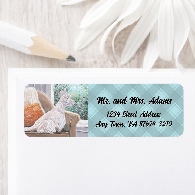 Etiqueta Westie Mirando hacia fuera una ventana (In situ)