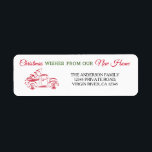Etiqueta We've moved Red Christmas truck with tree line art<br><div class="desc">White background. We've moved. Red Christmas truck line art,  with Christmas tree on top. I hope this design it will bring joy into your life too. Personalize it with your Name and/or text. Drawn and Designed by Katalin Bator-Hos @bhkatti</div>