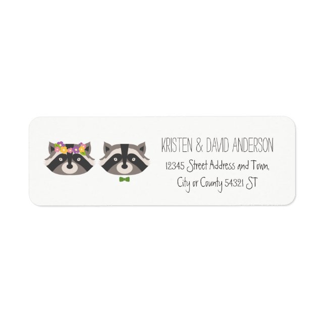Etiqueta Whimsical Forest Raccoons Rustic Boda (Frente)