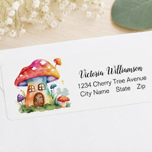 Etiqueta Whimsical Mushroom House Cute Watercolor Custom