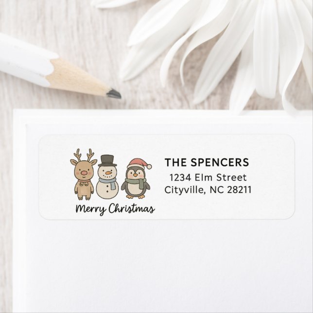 Etiqueta Whimsical Reindeer, Snowman & Penguin Christmas (In situ)