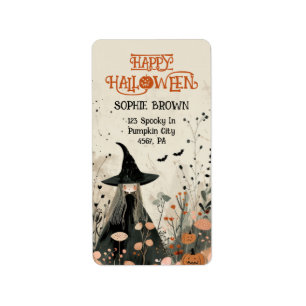 Etiqueta Whimsical Witch Fall Foliage Happy Halloween