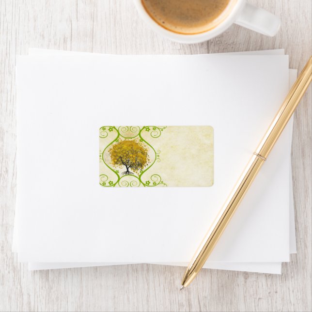 Etiqueta Whimsical Yellow Golden Rod Heart Leafed Tree (In situ)