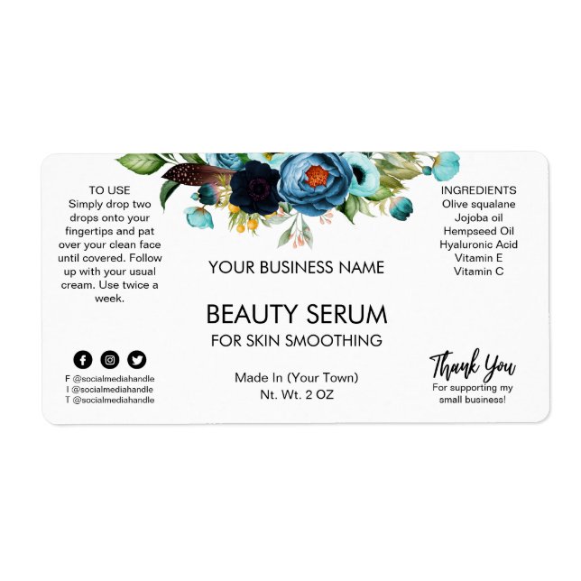 Etiqueta White Face Serum Labels With Blue Flowers (Frente)