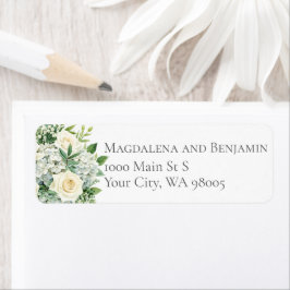 Etiqueta White Hydrangeas Roses Flowers Greenery Wedding