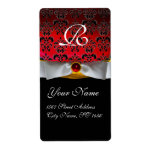 ETIQUETA WHITE RIBBON BLACK RED BURGUNDY DAMASK MONOGRAM<br><div class="desc">Elegant, classy and unique design by Bulgan Lumini (c) Design and digital graphic elaboration in vintage style by Bulgan Lumini (c) .Easy to customize with your own text as a wedding favor tag label , rsvp , save-the-date, thank you labels , bridal showers, birthday parties: sweet 16, quinceanera, Bat Mitzvah...</div>