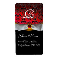 WHITE RIBBON BLACK RED BURGUNDY DAMASK MONOGRAM