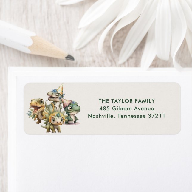 Etiqueta Wild Time Cute Dinosaur Kids Dirección de cumpleañ (In situ)