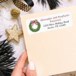 Etiqueta Winter Pine Wreath Stripes Red Bow Christmas