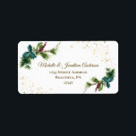 Etiqueta Winter Watercolor Pine Red Berries Holly Christmas<br><div class="desc">Christmas return address labels depicts simple elegant watercolor winter evergreen branches adorned with holly leaves,  red berries and gold splashes.-</div>