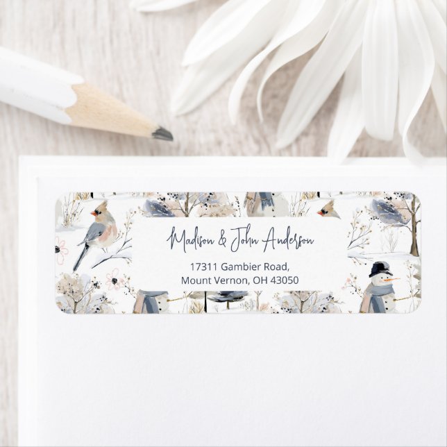 Etiqueta Winter Wonderland Snowman and Bird Pattern (In situ)