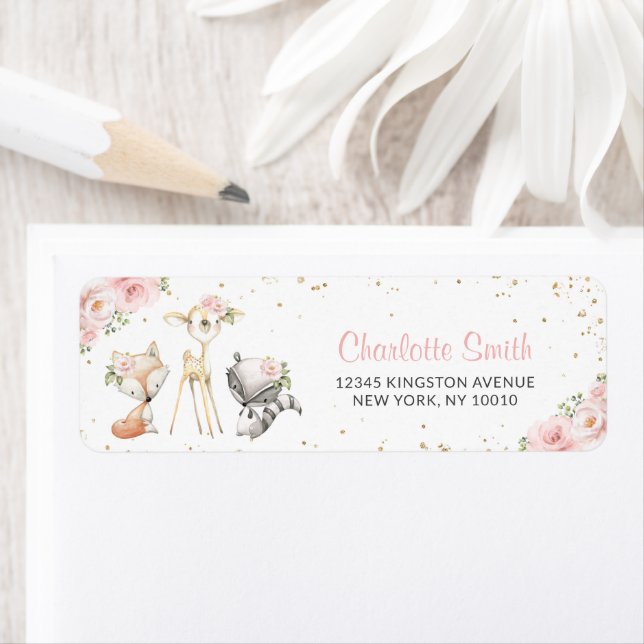 Etiqueta Woodland Animals, Pink Flowers, Baby Shower (In situ)