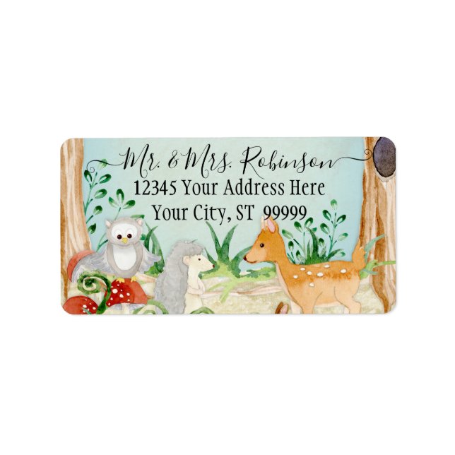 Etiqueta Woodland Forest Deer Fox Owl Animal Foliage Blue (Frente)