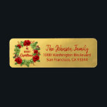 Etiqueta Wreath Gold Holiday Christmas Return Address<br><div class="desc">Elegant and classy return labels for Christmas (Xmas) Holiday greeting cards.  Red letters with Christmas Wreath.  Modern letters for family name and address. Letter color and font can be changed. Background color is faux gold foil.</div>