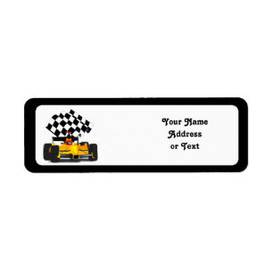 Etiqueta Yellow  Race Car with Checkered Flag