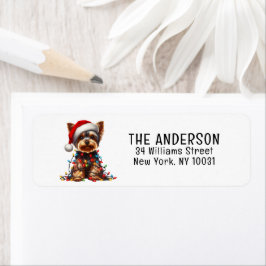 Etiqueta Yorkshire Terrier con sombrero de Santa y luces de