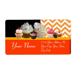 Etiqueta YUMMY CUPCAKES DESERT SHOP, Naranja Chevron Blanco