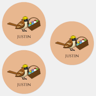 Etiquetas Ave divertida con cesta de huevos coloridos   Pers