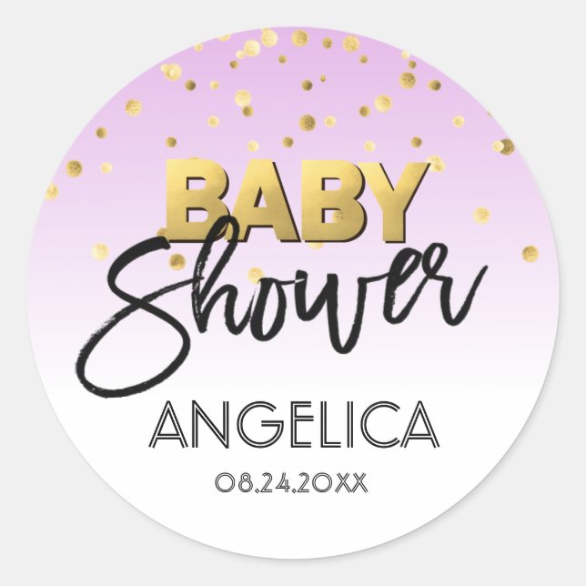 Etiquetas Baby Shower LAVENDER Gold personalizadas (Anverso)