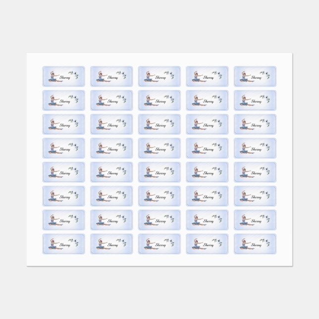 Etiquetas Ballerina con nombre personal azul (Hoja)