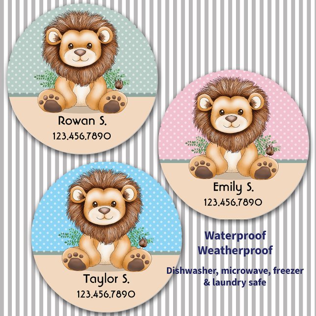 Etiquetas Bebé animal lindo león azul verde rosado (Cute Animal Baby Lion Pink Green Blue Personalized Labels)