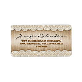 etiquetas de bodas de encaje blanco y madera rústi