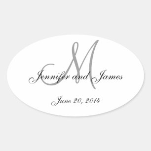 Etiquetas de bodas ovales en monograma gris y blan