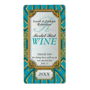Etiquetas de botella de vino doradas y turquesas e