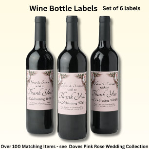 Etiquetas de botellas de vino, rosas rosadas y pal