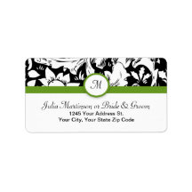 Etiquetas de damasco blanco y negro monograma boda