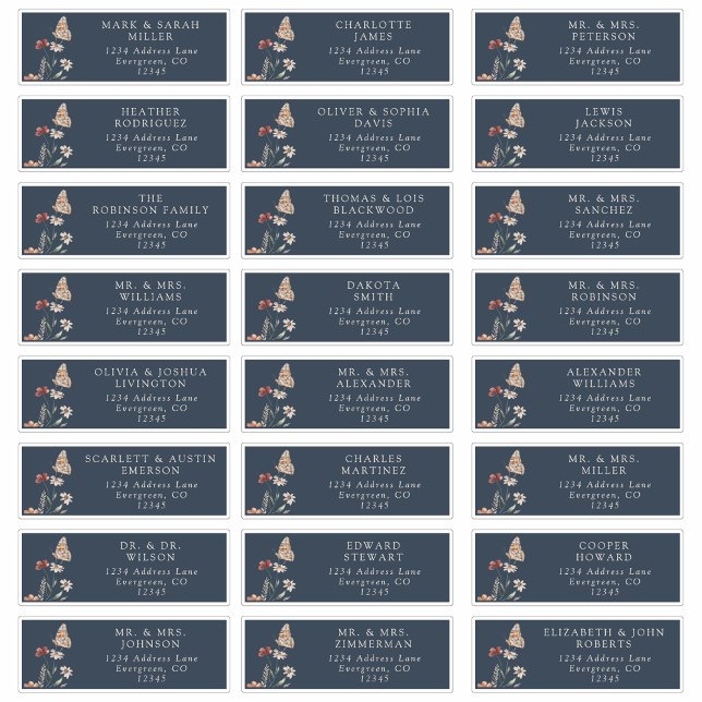 Etiquetas de dirección azules para invitados (Guest Navy Blue Boho Address Labels with Butterfly by Painted Paperie
)