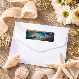 Etiquetas de dirección de boda en la playa con luc