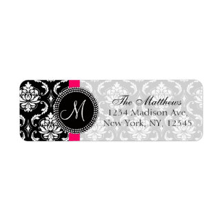 Etiquetas de dirección de monograma Damask Blanco 