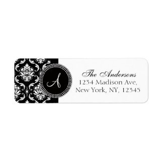 Etiquetas de dirección de monograma Damask Blanco 