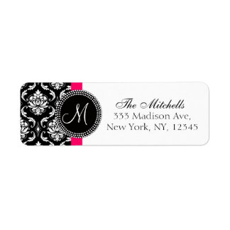 Etiquetas de dirección de monograma Damask Blanco 