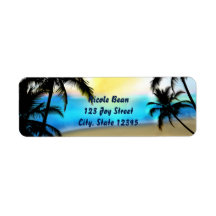 Etiquetas de dirección tropicales de playa y palme