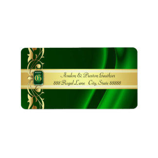 Etiquetas de direcciones de seda verde y dorada Ma