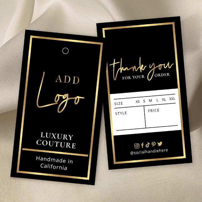 Etiquetas de etiqueta de precio de ropa moderna co (Black and gold clothing price tags labels with space for your logo and garment details)