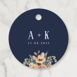 Etiquetas de favor, monograma elegante floral azul